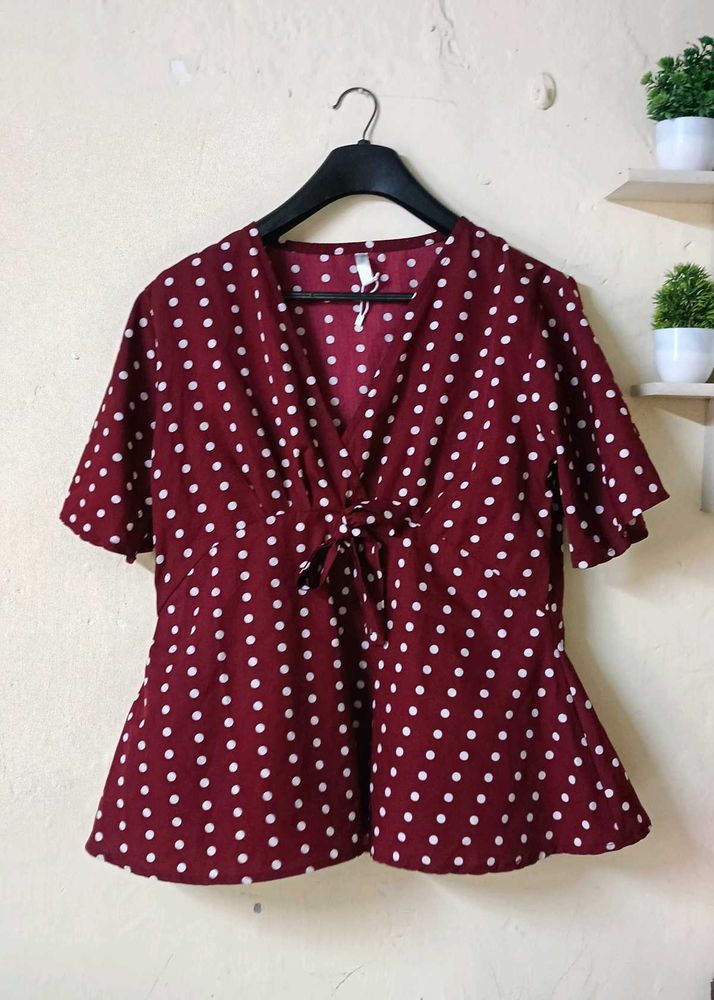 Maroon Polka Dot Tie-Up Top
