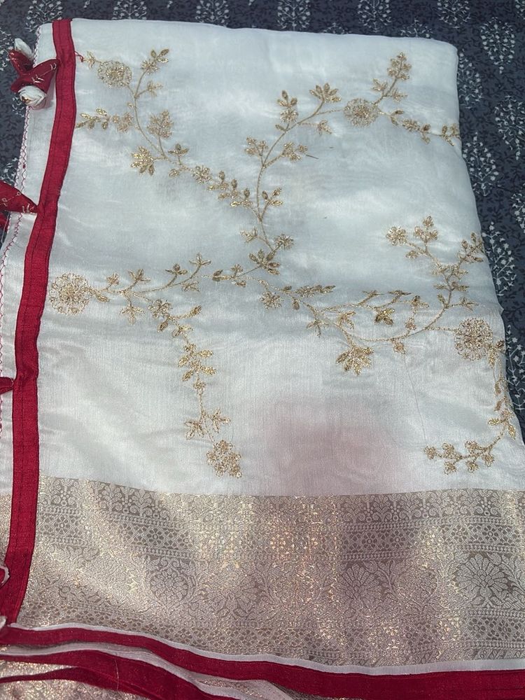 Elegant White Saree with Gold Embroidery