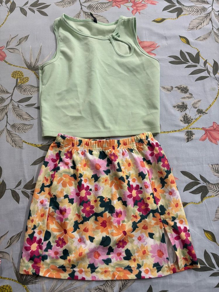 Light Green Tank Top &amp; Floral Skirt Set