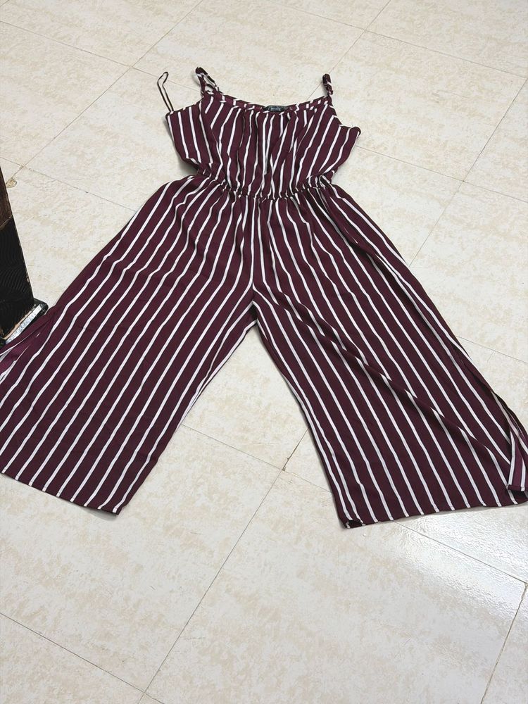 Maroon &amp; White Striped Jumpsuit