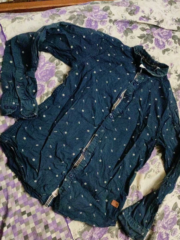 Navy Blue Patterned Casual Shirt