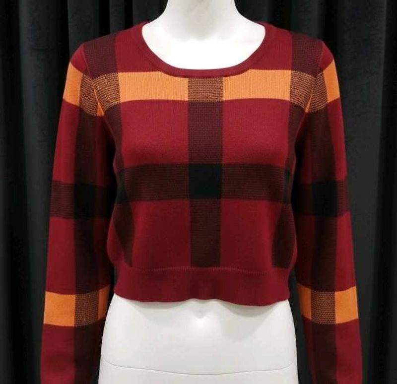 Burgundy Plaid Knit Sweater