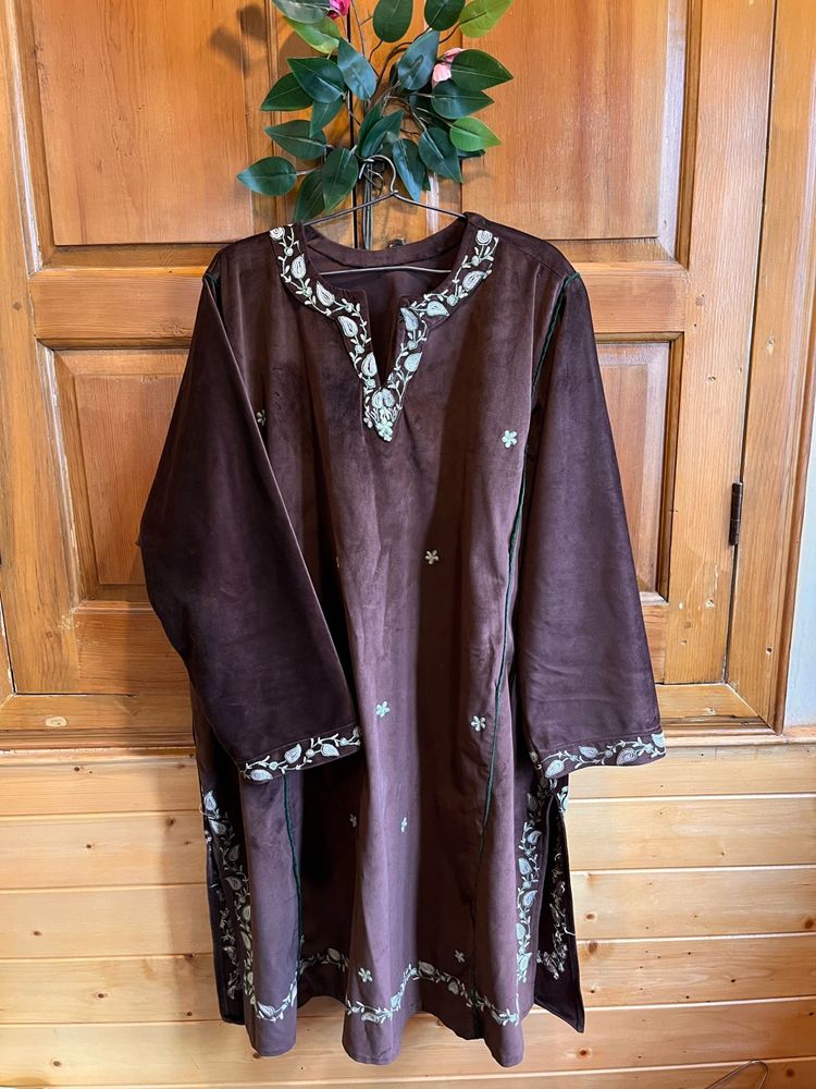 Elegant Brown Velvet Pheran with hand aari
