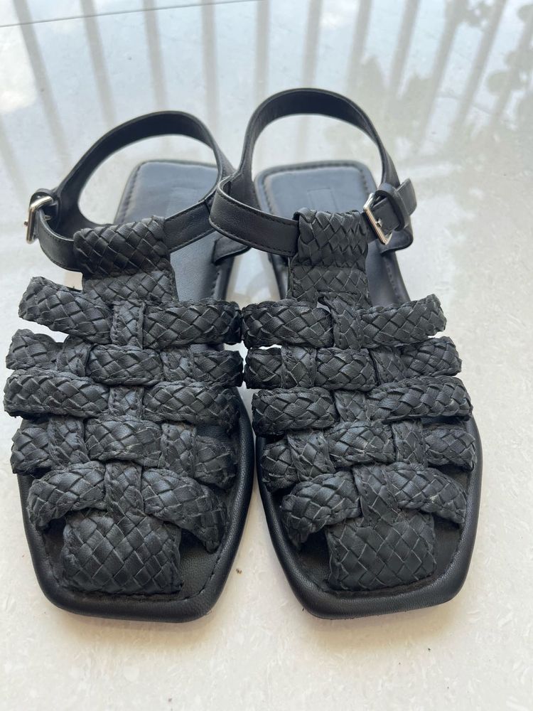 Black Woven Strap Flat Sandals