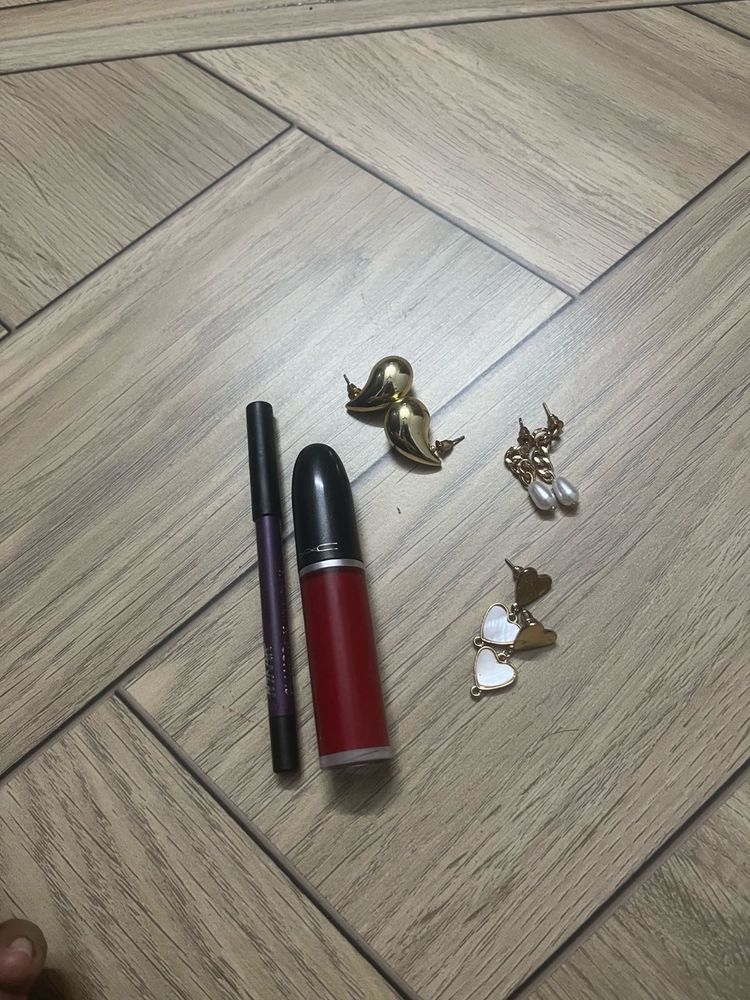 MAC Lipstick, eyeliner and earrings