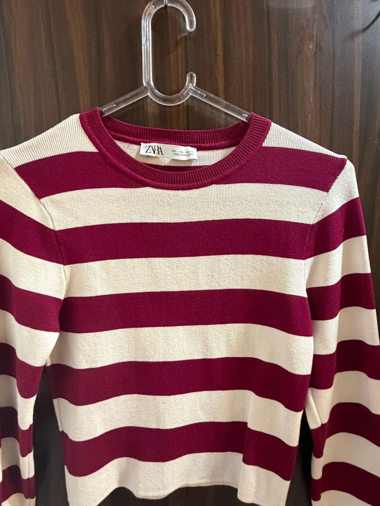 Zara Burgundy &amp; Cream Striped Fine Knit Sweater |