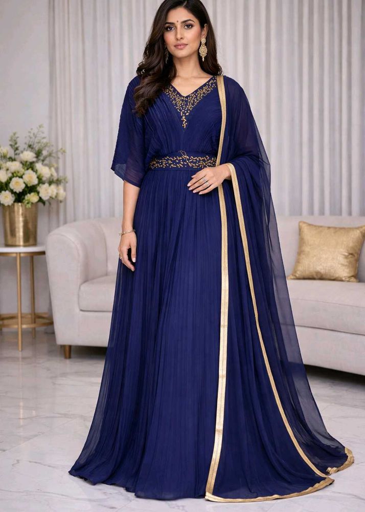 Elegant Navy Blue Ethnic Gown 4pc set Nyara cut
