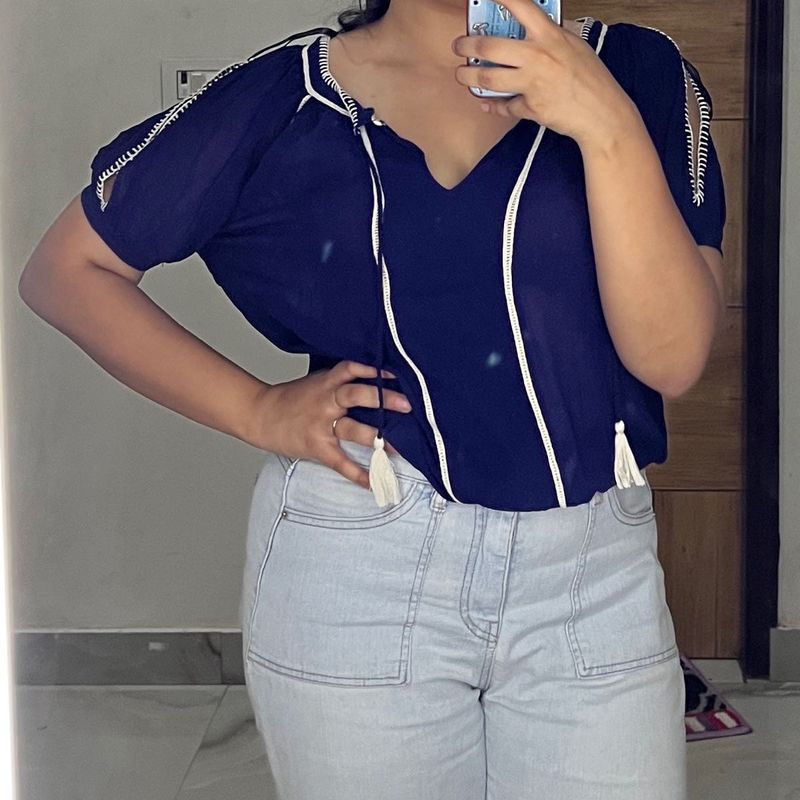 Navy Blue Embroidered Tassel Top