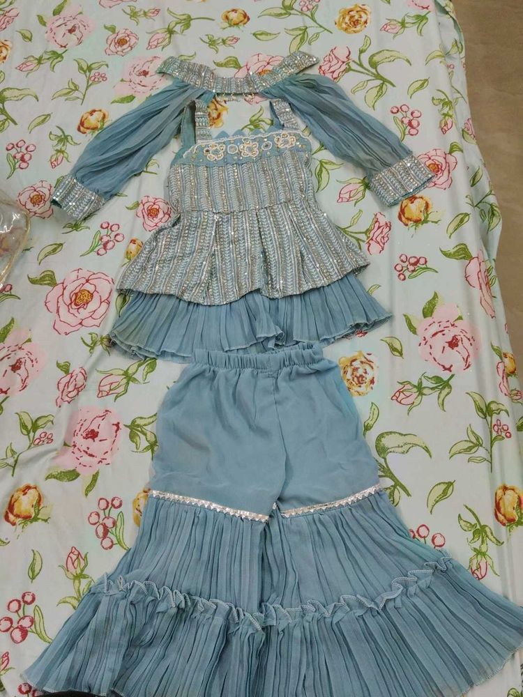 Girls' Blue Embellished Outfit