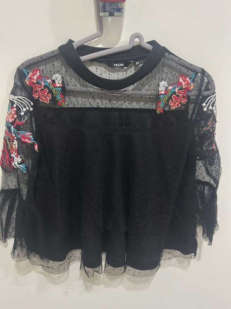 Nuon Sheer Embroidered Black Top