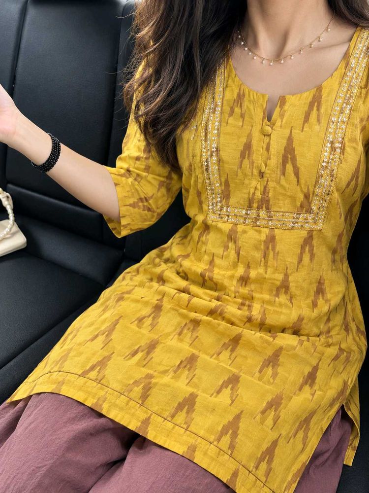 XL - Yellow Ikat Print Kurta Set