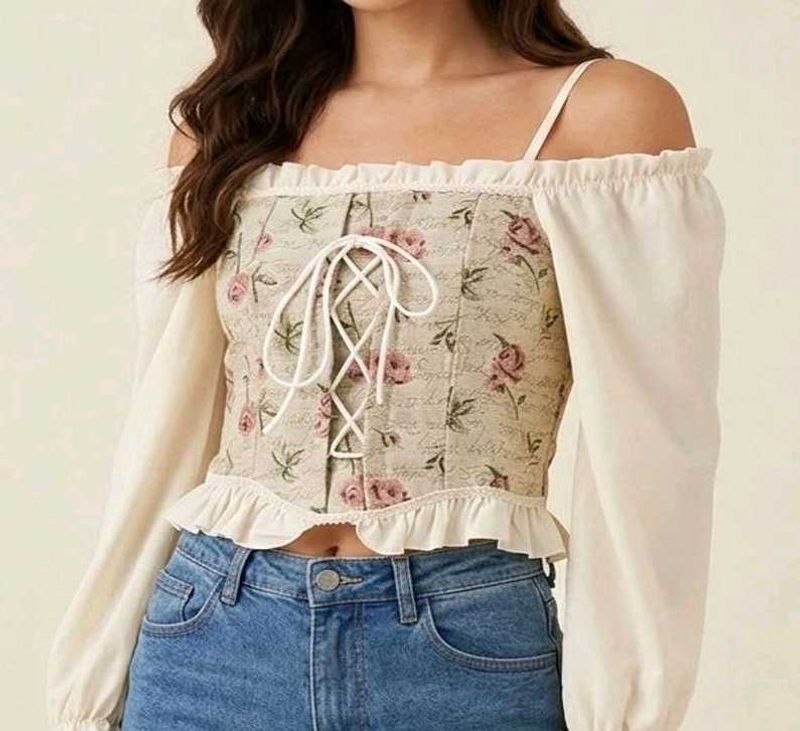 Floral Print Crop Top with Puffy Sleeves