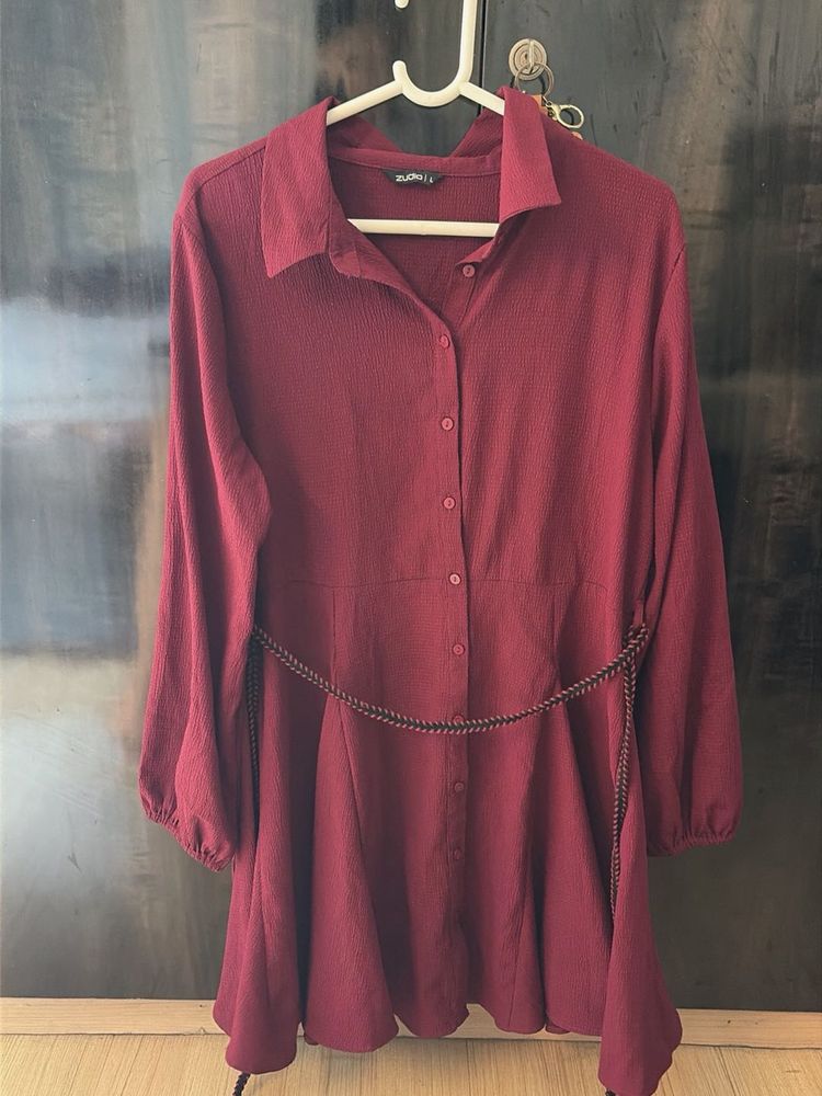 Maroon Button-Up Shirt Dress with Belt Size L