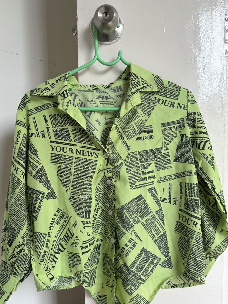 Bold Newspaper Print Button-Up Top