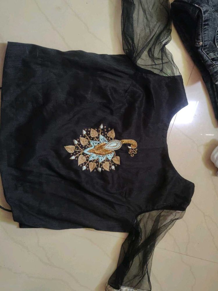 Elegant Black Blouse with Peacock Embroidery