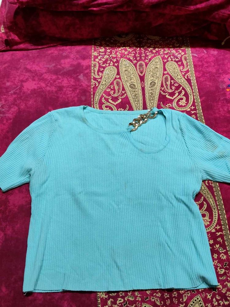 Blue Ribbed Top with Chain Detail