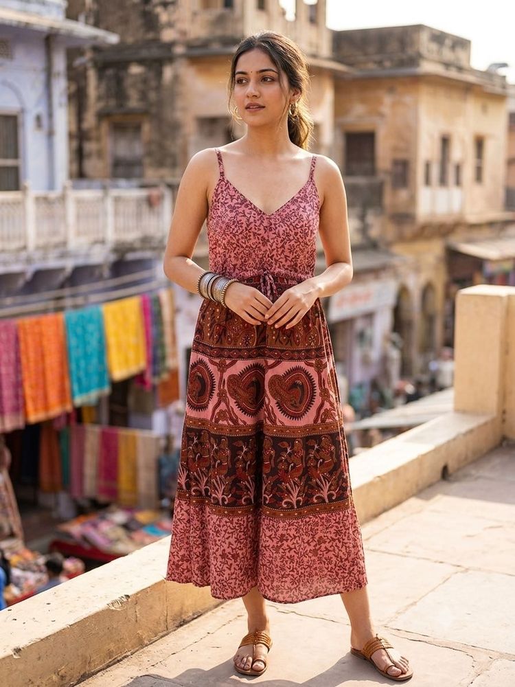 Length-38,,Boho Print Tiered Midi Dress