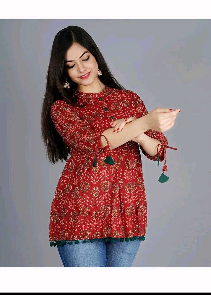 Red Printed Kurti with Tassels