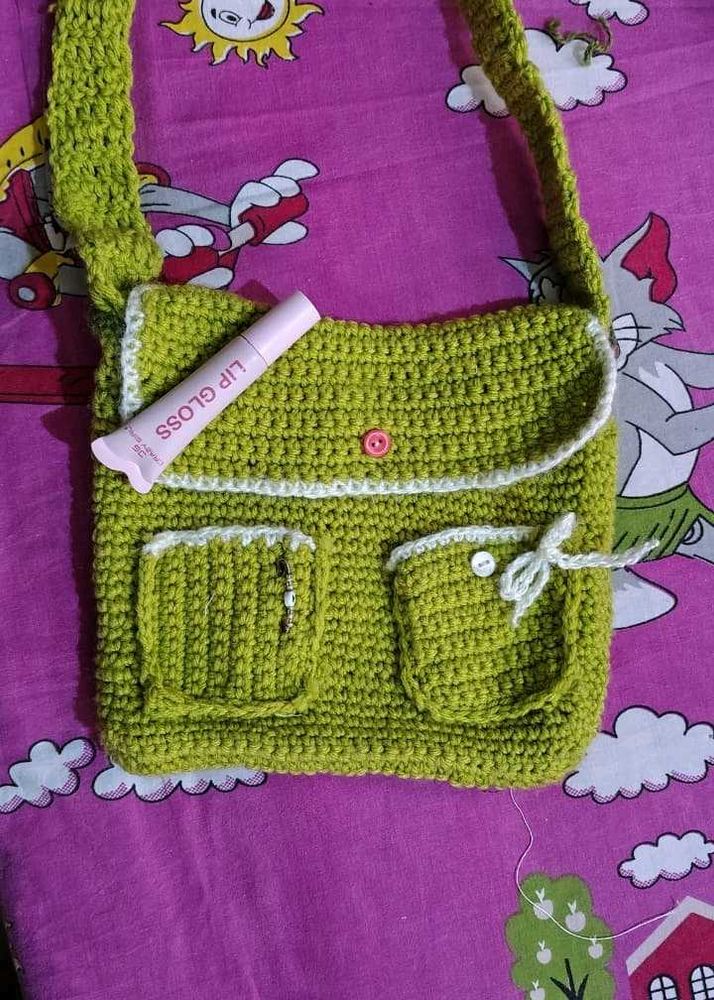 Handmade Crocheted Green Crossbody messnger Bag