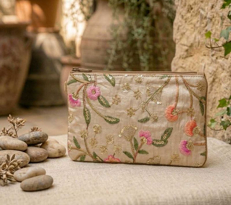 Embroidered Cream Flower Pouch