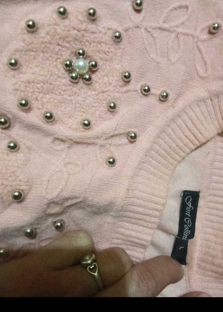 Cute Pink Pearl Embellished Sweater