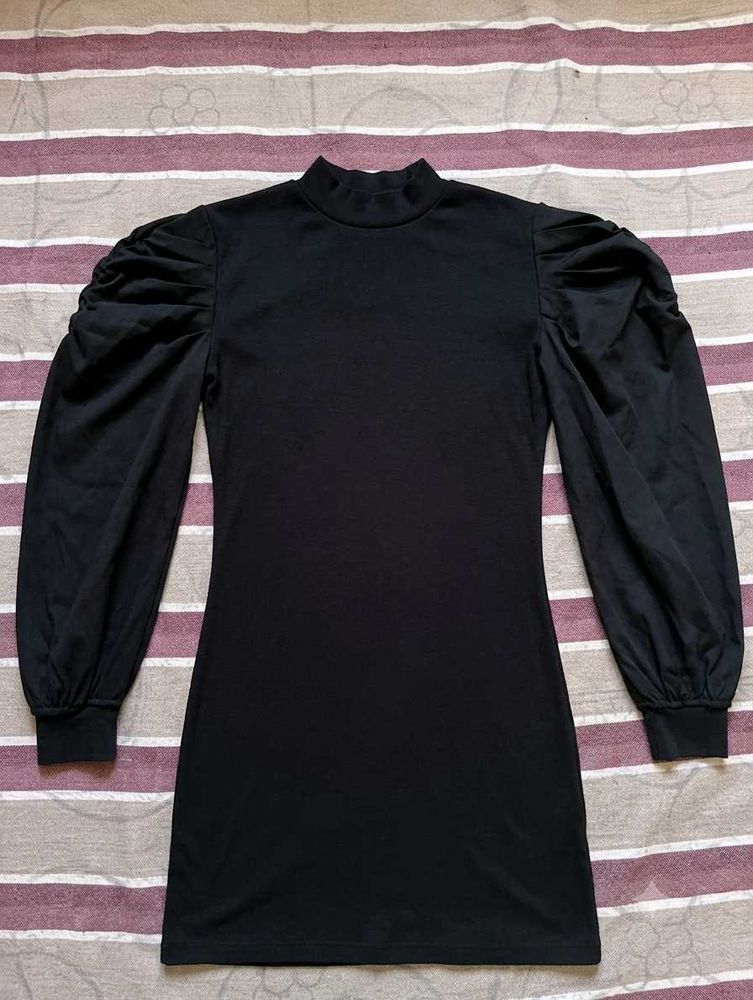 Black Puff Sleeve Mock Neck Dress