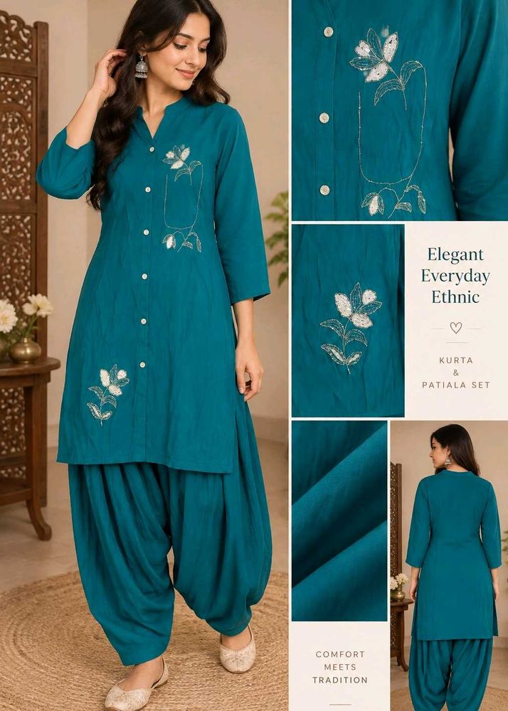 Teal Embroidered Kurta &amp; Patiala Set