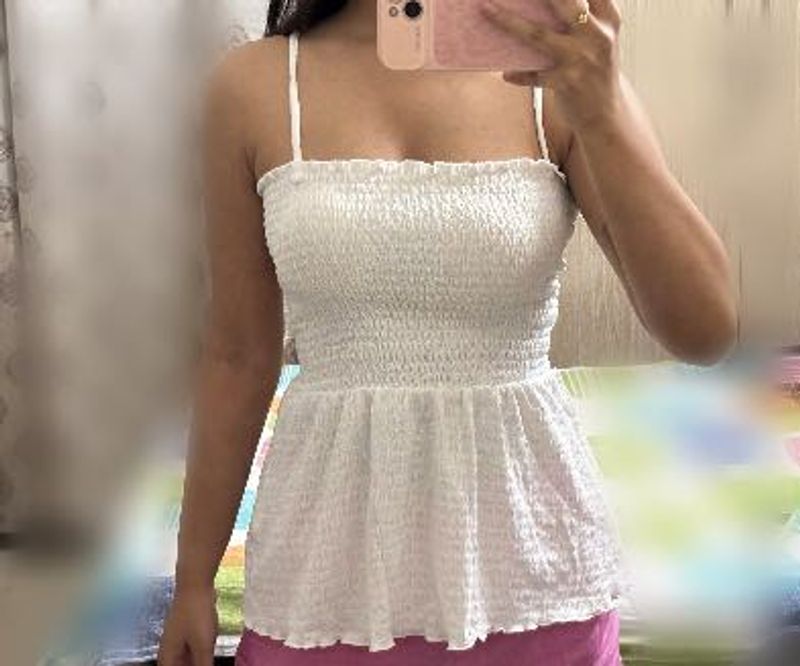 H&amp;M White Smocked Peplum Top