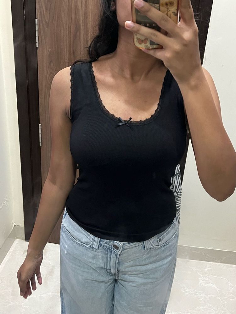 Black Lace Trim Tank Top