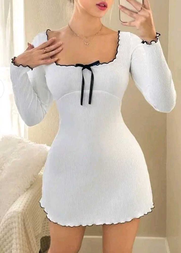 Chic Ribbed White Mini Dress with Bow Detail
