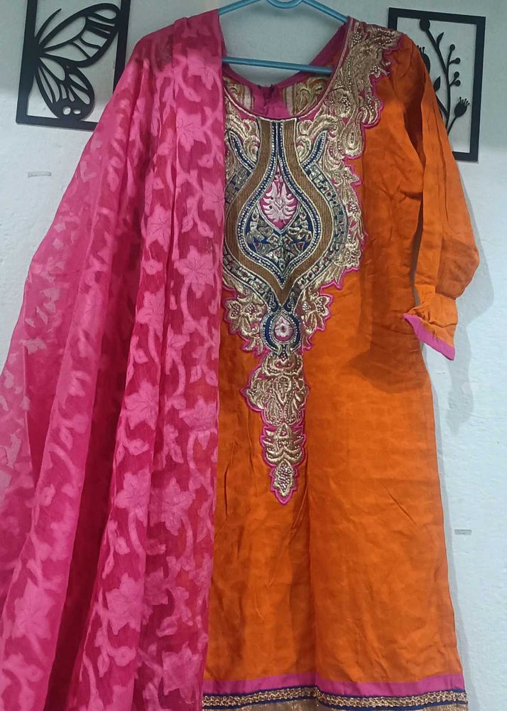Orange Embroidered Kurta Set with Pink Dupatta