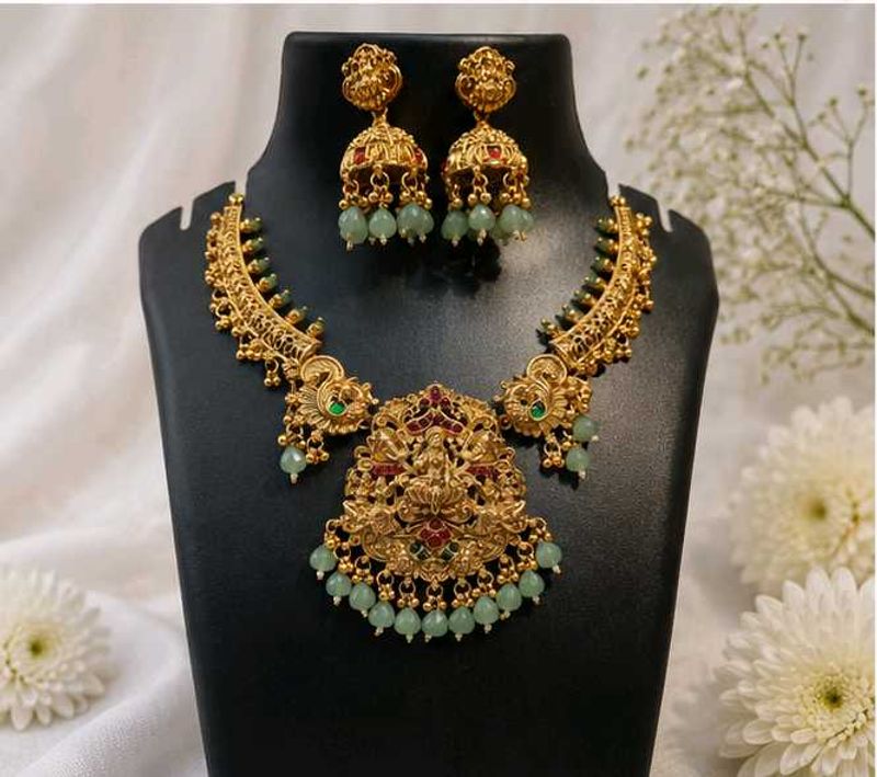 Traditional Temple Design Gold Plated Necklace Set