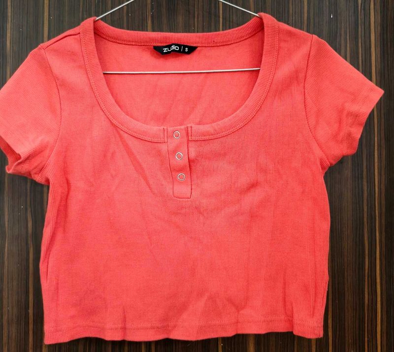 Coral Ribbed Henley Crop Top