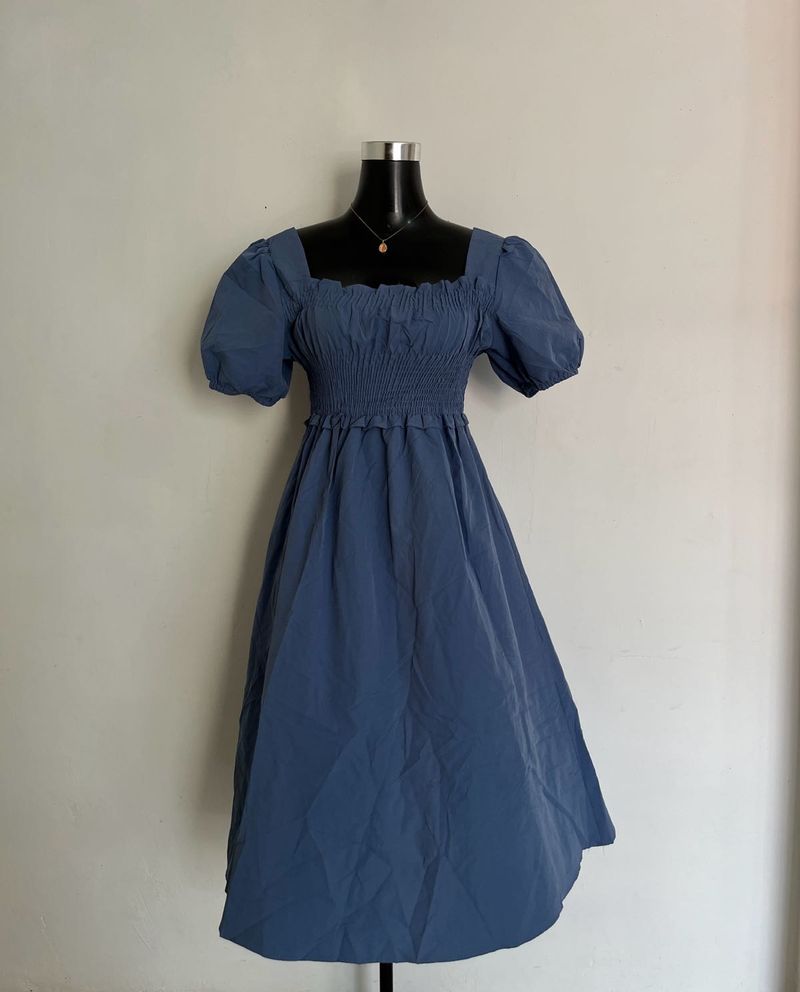 vintage Blue Smocked Puff Sleeve Dress