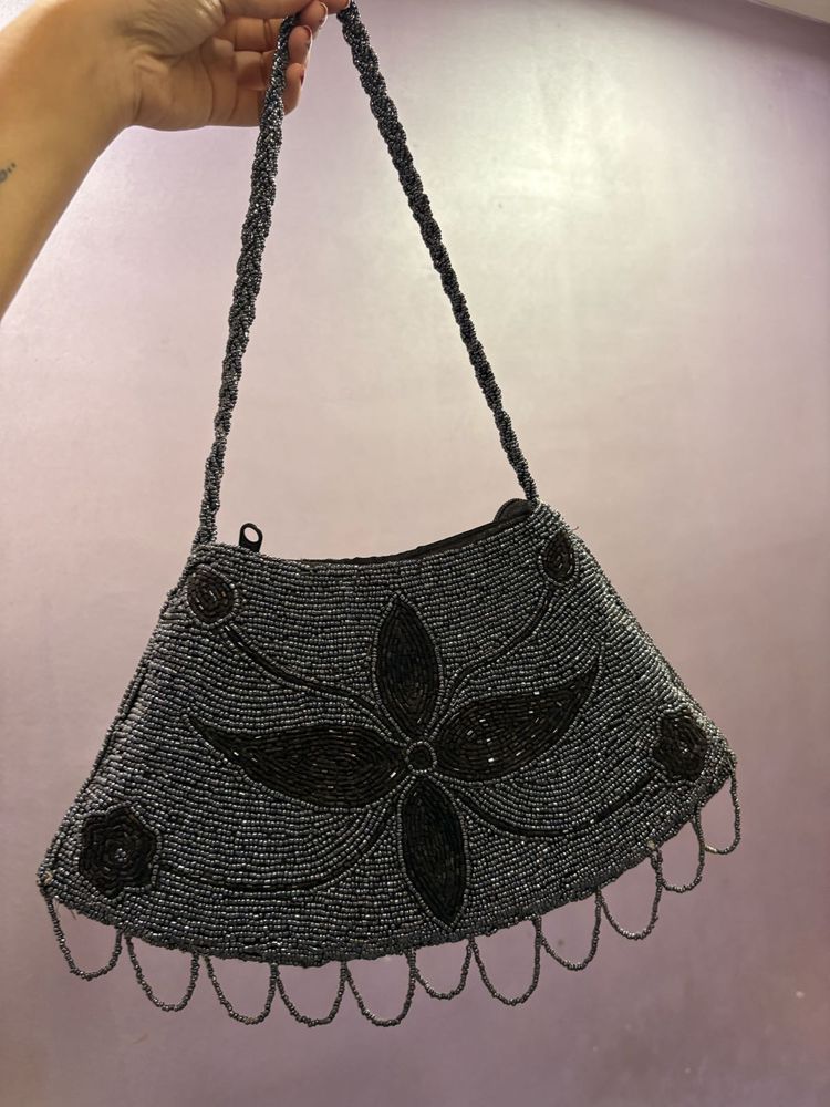 Gunmetal Floral Beaded Fringe Shoulder Bag.