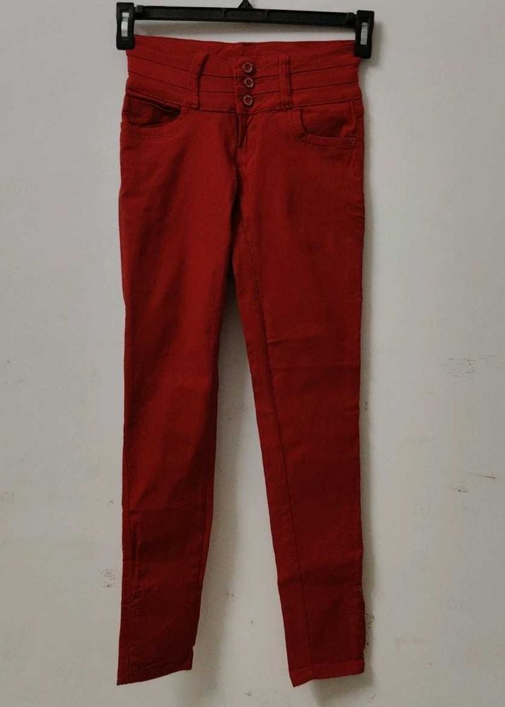 Red High-Waisted Button-Up Pants