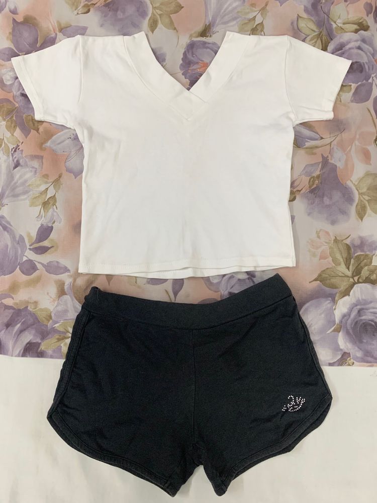 White Crop V neck Top &amp; black Polo shorts (combo)