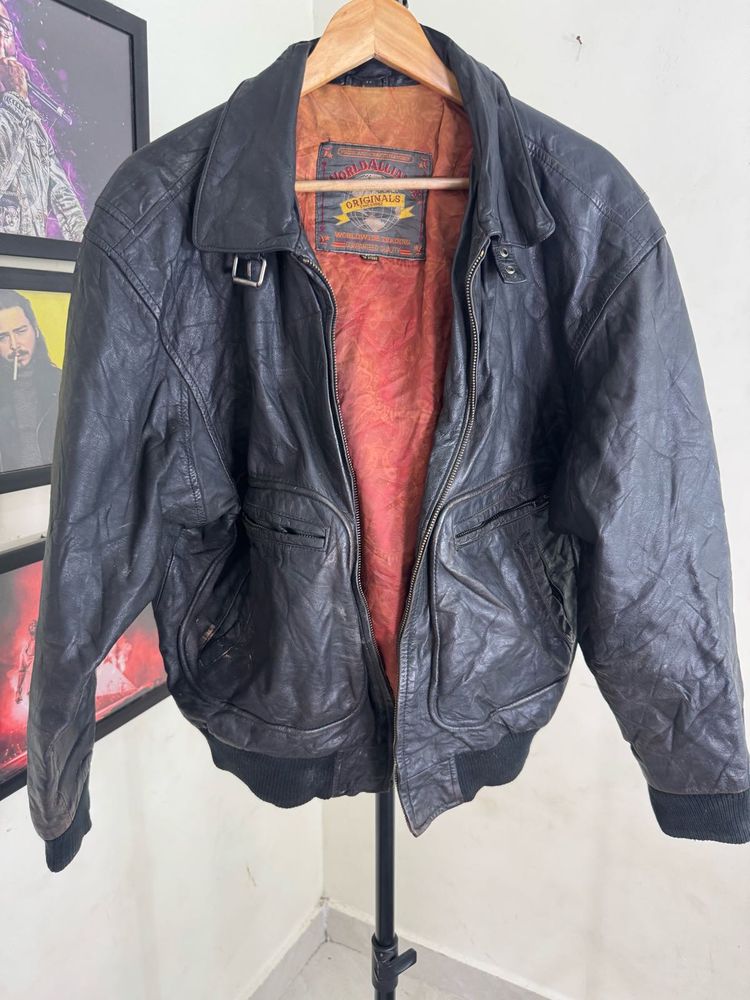 Men's Black Leather Bomber Jacket