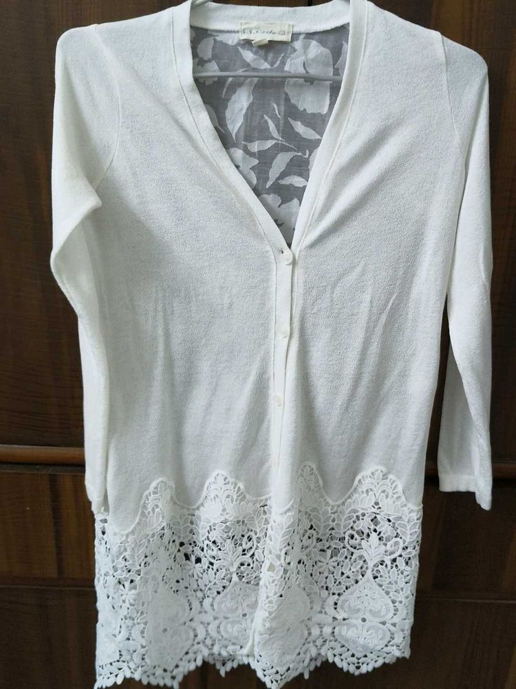 Off White Lace Trim Cardigan with tag