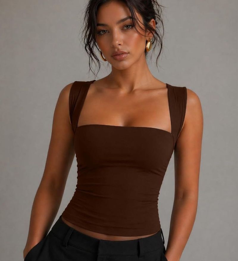 Stylish Brown Square Neck Tank Top