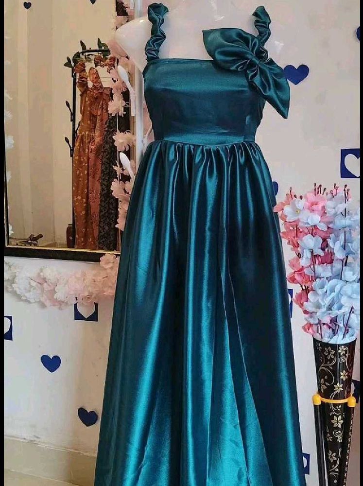 combo Elegant Teal Satin Gown with Bow Detail