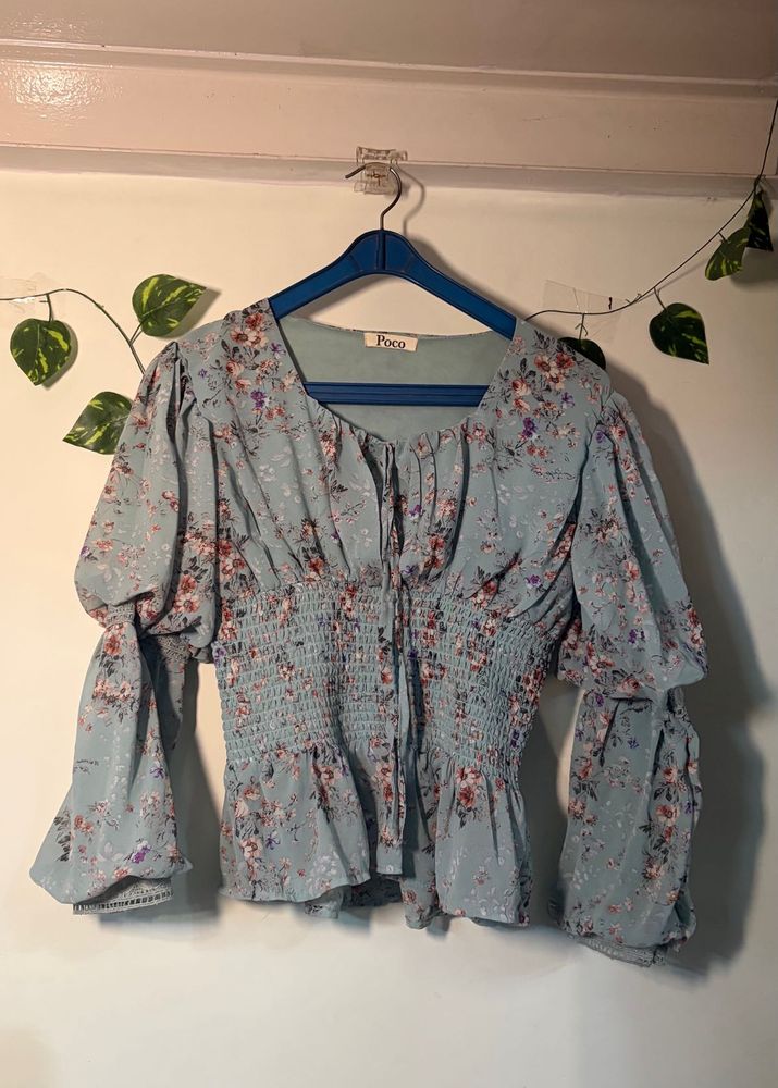 Blue Floral Smocked Peplum Top