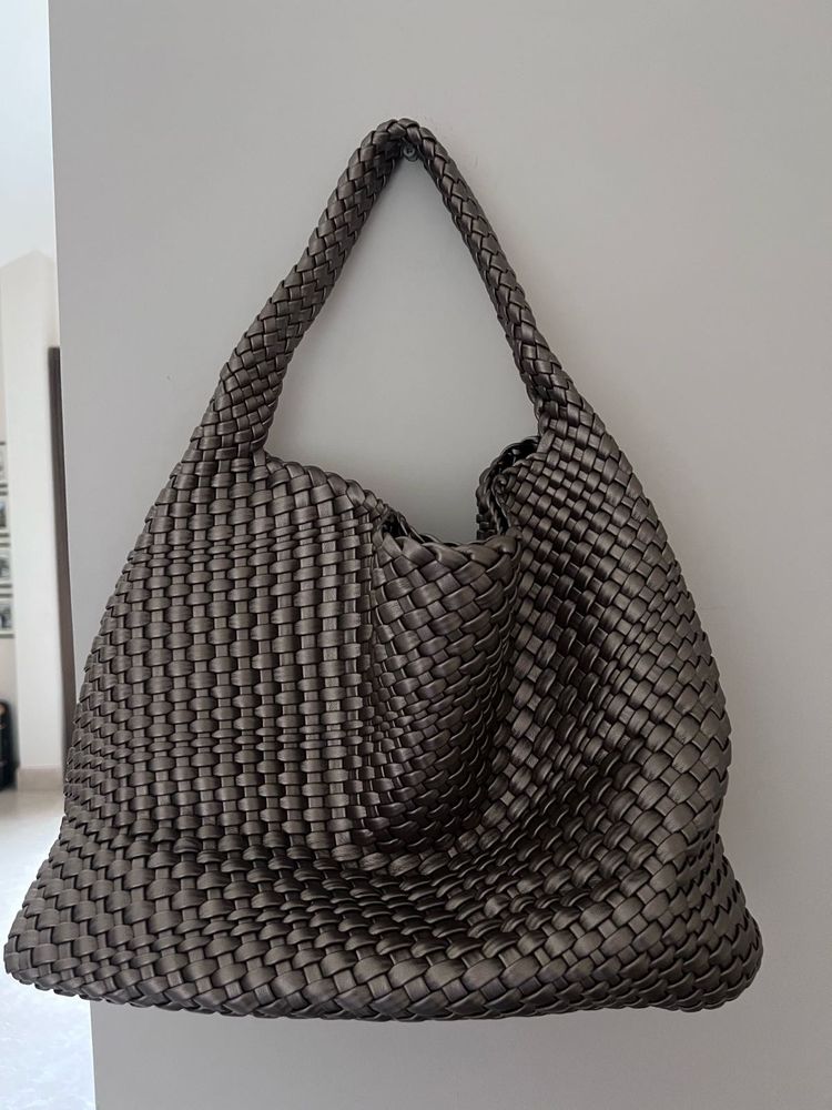 Stylish Woven Handbag with pouch - Dull Gold