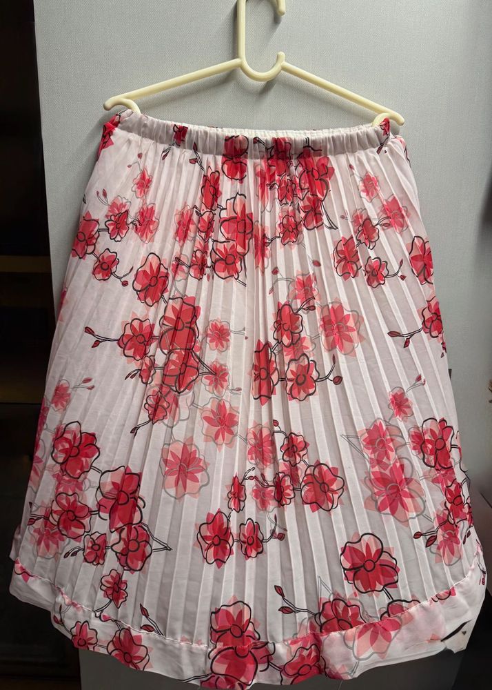 White and Pink pleated Floral Midi Skirt