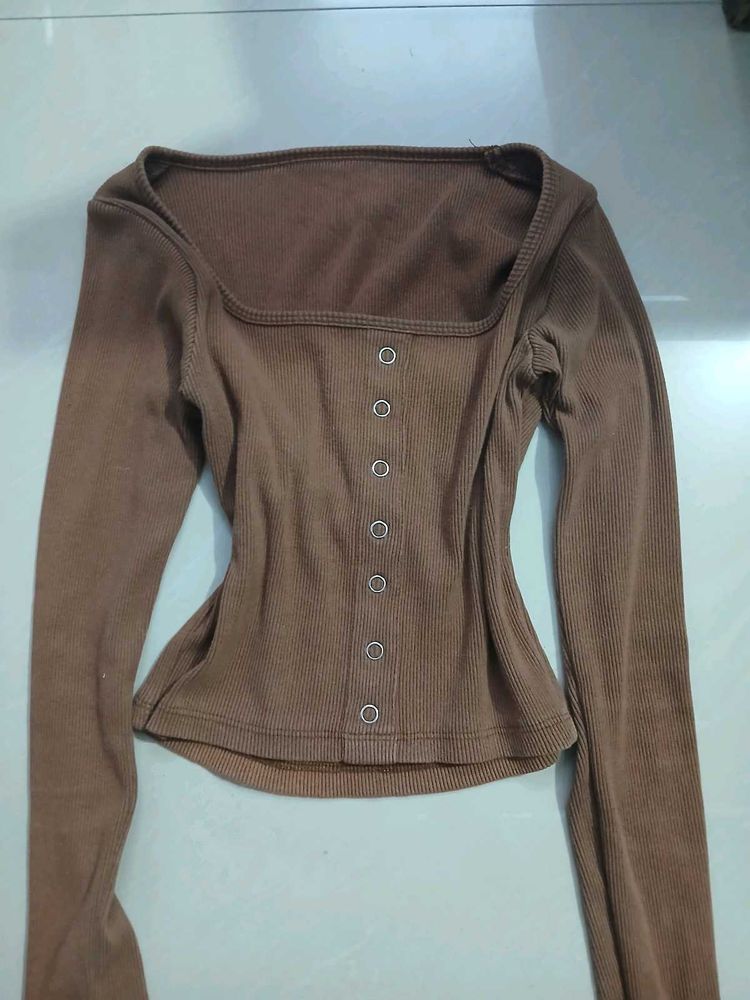 Brown Ribbed Square Neck Button-Up Top