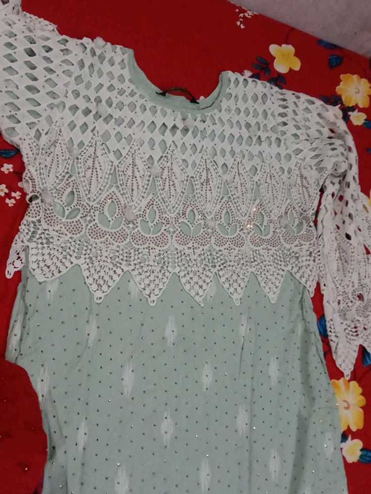 Elegant Mint Kurta Set with White Lace Overlay