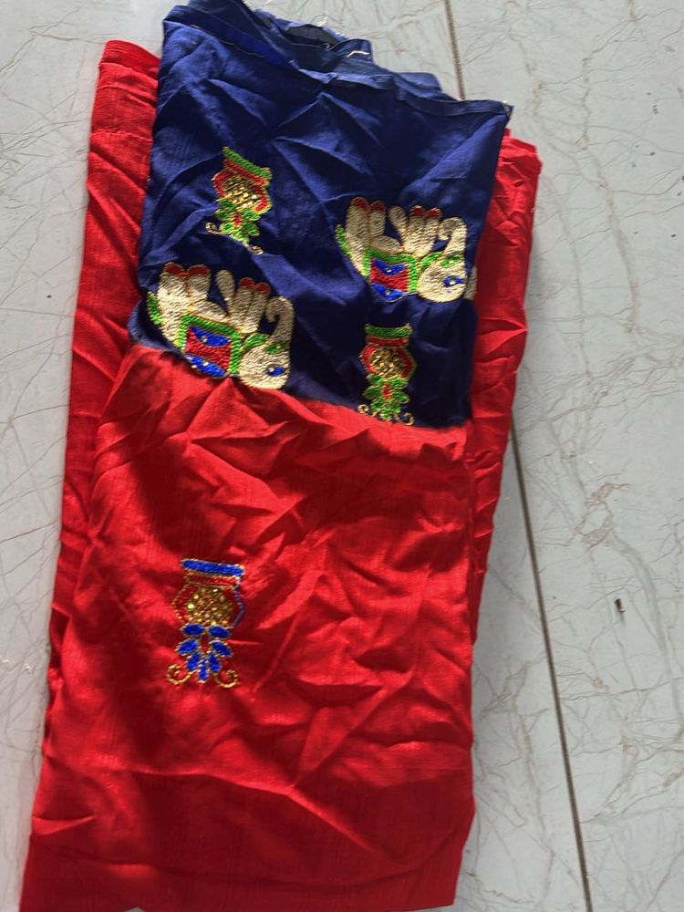 Red &amp; Blue Embroidered  material for baby Dress