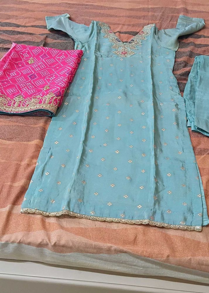 Beautiful Sky Blue Kurta Set with Pink Dupatta