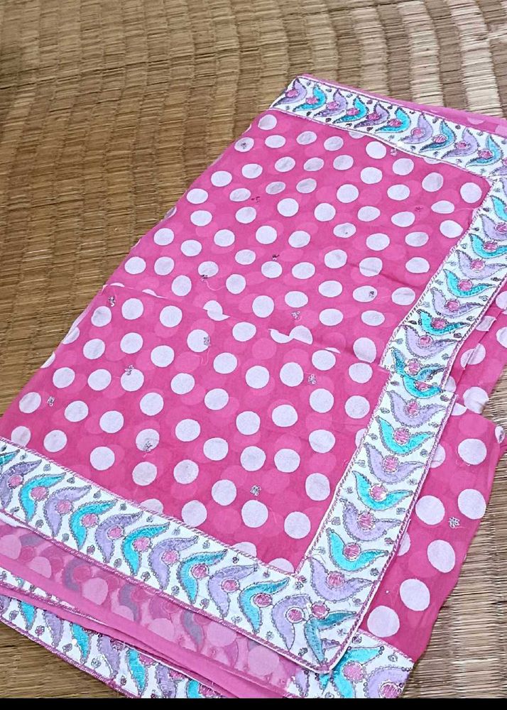 Pink Polka Dot Saree with Embellished Border