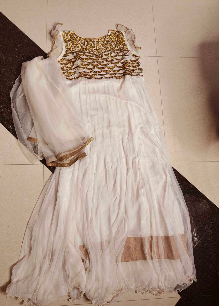 Elegant White &amp; Gold Anarkali Suit